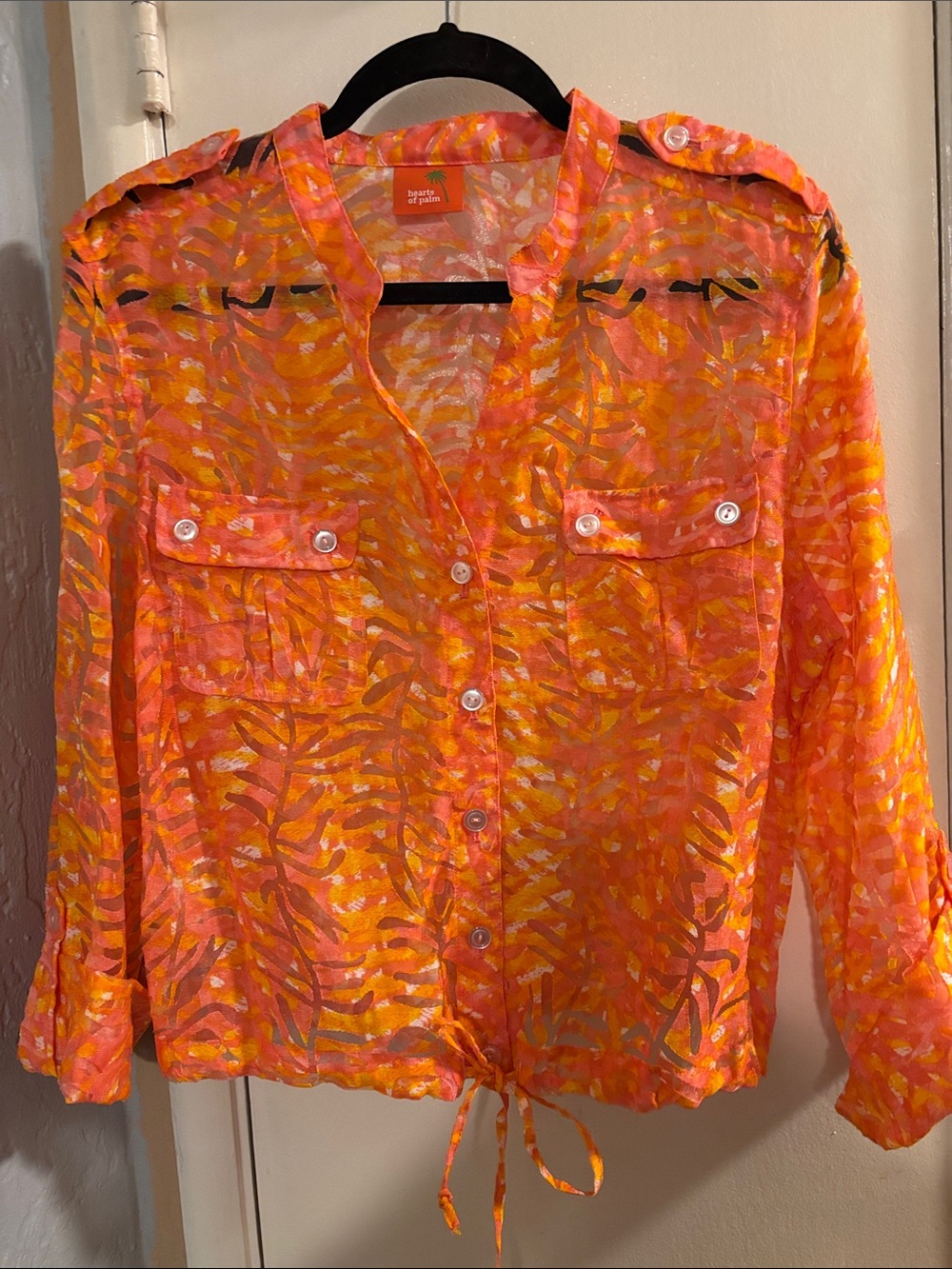 hearts of palm Orange Pink Sheer Printed Blouse